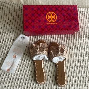 Tory Burch Ruffled Raffia Slides